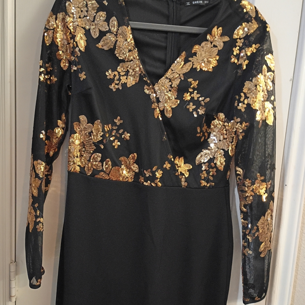 SHEIN Black Dress with Gold Floral Accents